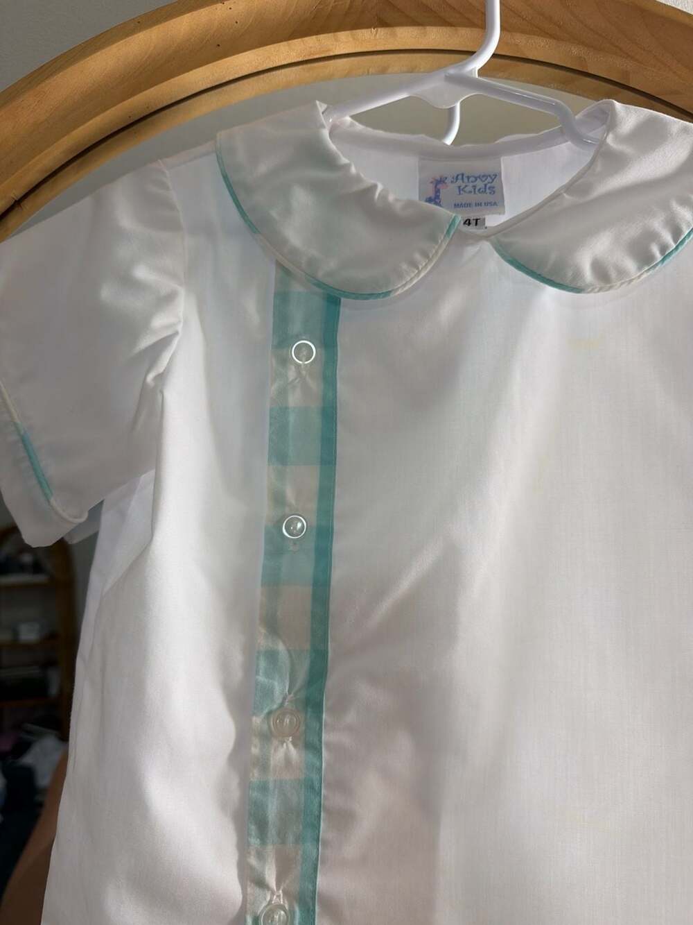Anvy Kids Toddler Boy White Pique Short Sleeve Shirt with‎ Aqua Check Trim 4T - Picture 3 of 7